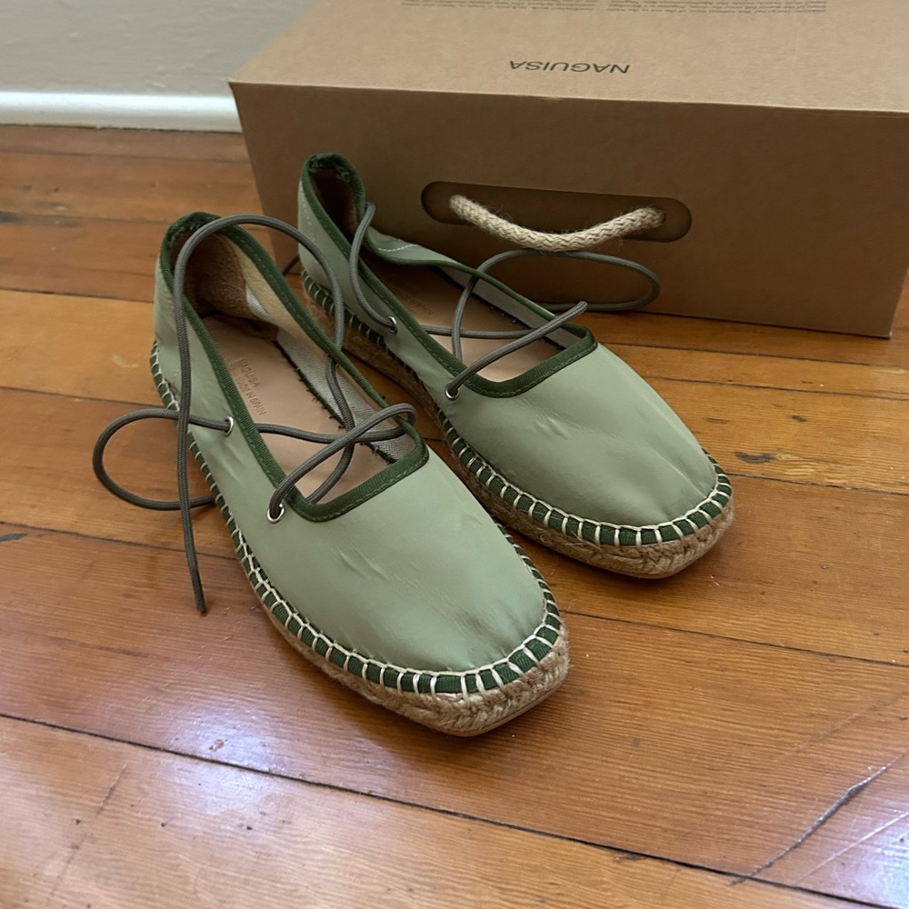 Naousa Olive Green Leather Espadrilles with Ankle Tie